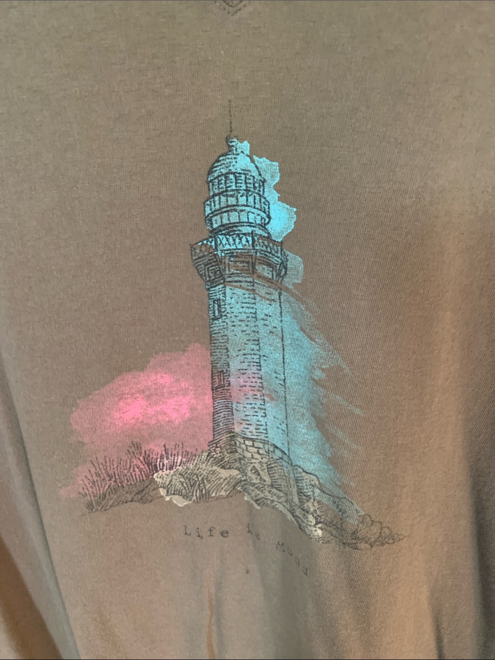 Life Is Good Olive Green Short Sleeve V-Neck Tee with Lighthouse Art